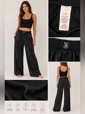 Victoria’s Secret Black Shimmer Lurex Wide Leg Lounge Pants | Medium Short